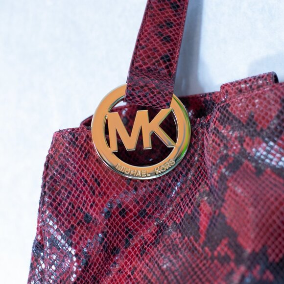 Michael Kors Fulton East-West Tote Red Python Embossed Leather Bag Large - Picture 5 of 13